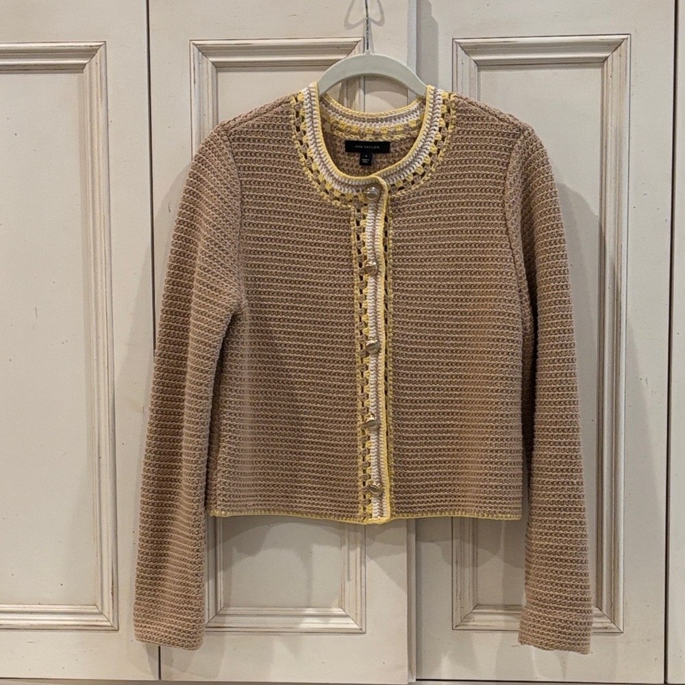 Ann Taylor Tan Cardigan with Yellow Trim